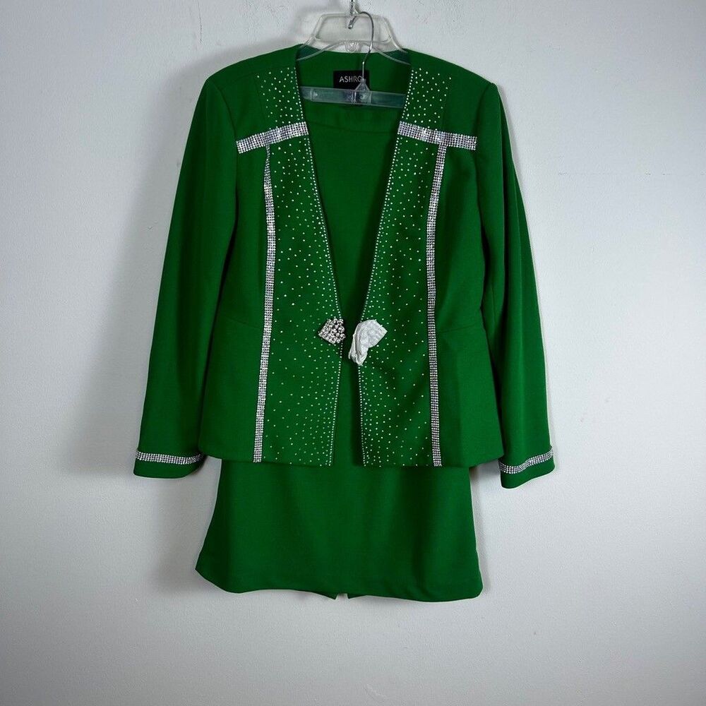 Ashro Women Green Skirt Suit Set Size 12 Rhinestone Embellished Blazer Jacket
